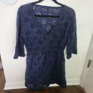 J.Crew V-Neck Beach Tunic Cover-up Eyelet Navy Cotton Small